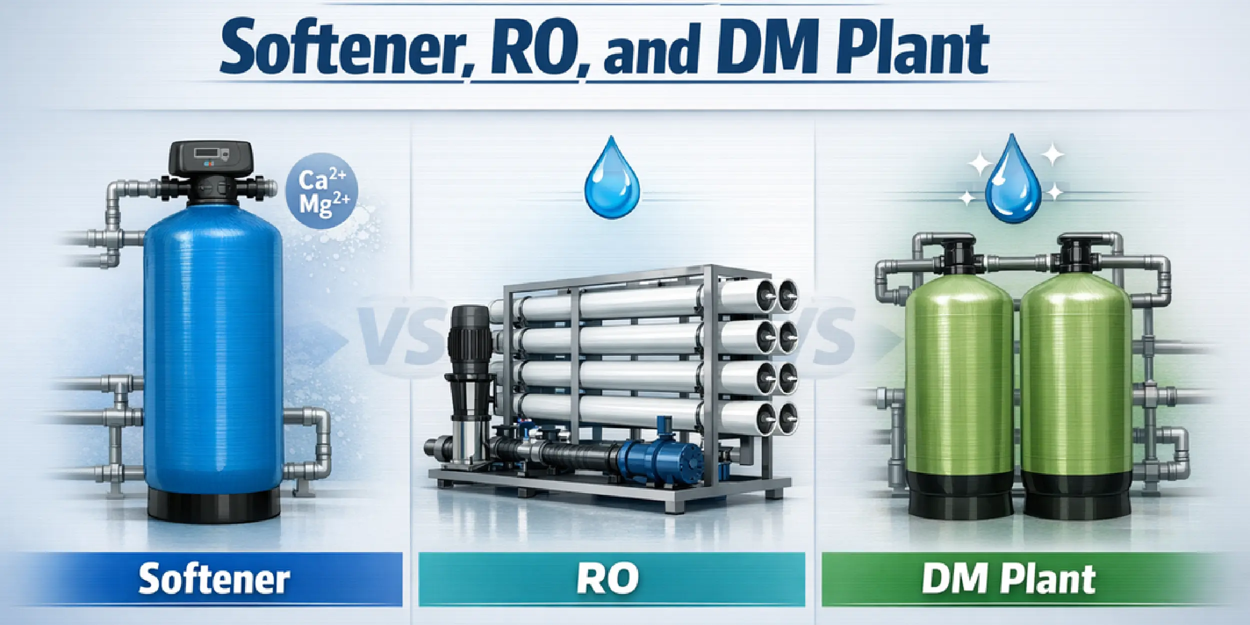 Water Softener vs RO vs DM Plant comparison showing TDS removal, hardness removal, conductivity levels and industrial applications